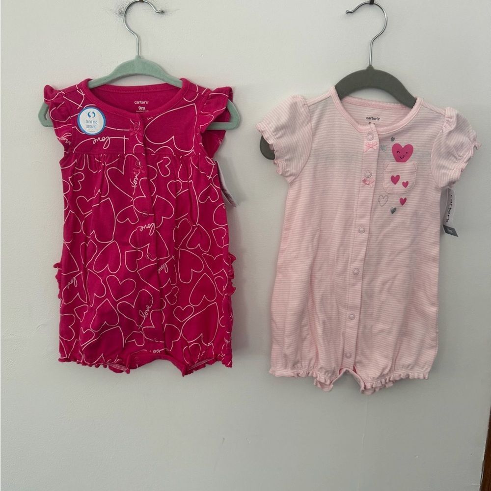 Carter's Pink Heart Matching rompers size 9M new with tags